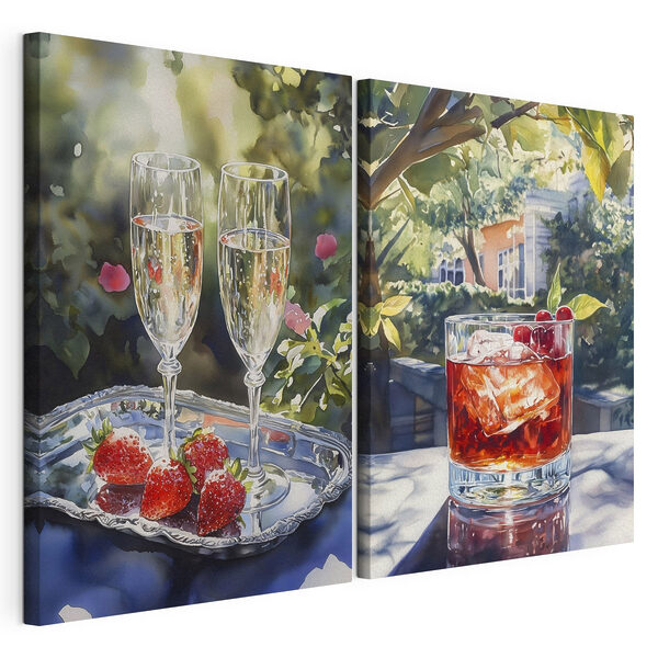 Lámina modular sobre lienzo Pintura en acuarela de copas de vino y fresas