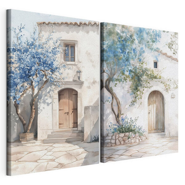 Acuarela de una casa con una puerta y un umbral Lámina modular sobre lienzo Acuarela de una casa con una puerta y un umbral