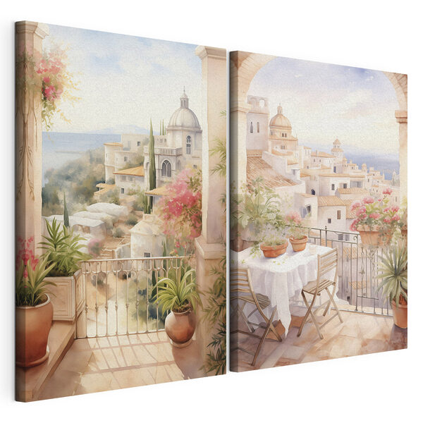 Lámina modular sobre lienzo Lámina modular sobre lienzo Cuadro de un balcón con una mesa y sillas y otro de un balcón con vistas a una ciudad (SKU: m00420)