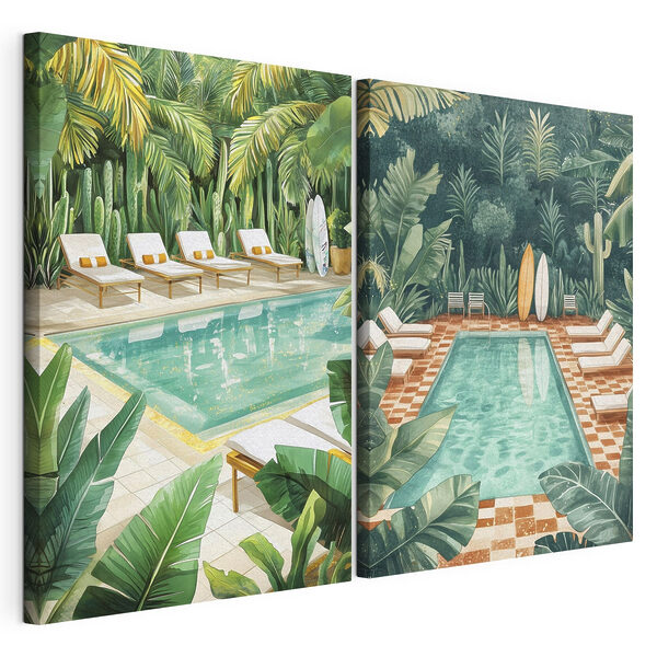 Tumbonas y sillas de piscina en una zona tropical Lámina modular sobre lienzo Tumbonas y sillas de piscina en una zona tropical