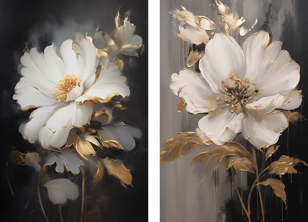 Two paintings of flowers on a black background Two paintings of flowers on a black background