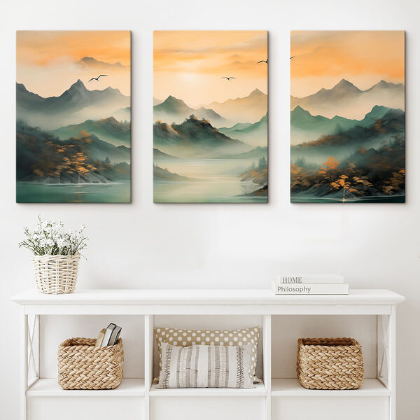 Group of mountains with water and birds flying Group of mountains with water and birds flying