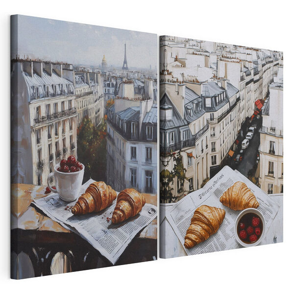 Lámina modular sobre lienzo Lámina modular sobre lienzo Cuadro de una ciudad con un cruasán y una taza de fruta (SKU: m00445)