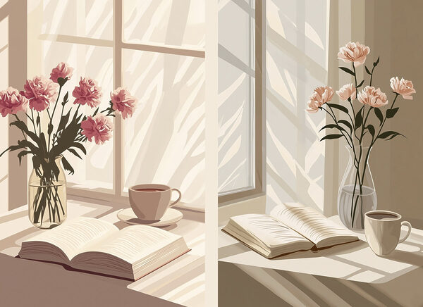 Vase of flowers and a book on a window sill Vase of flowers and a book on a window sill