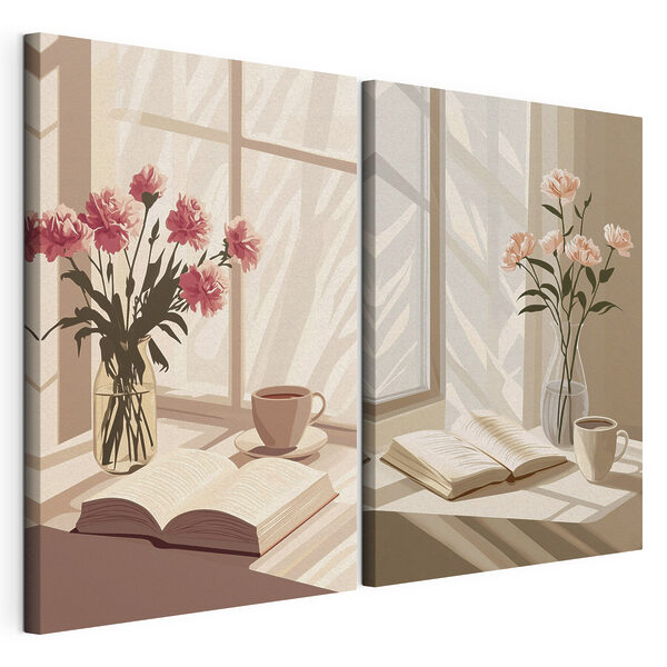 Un jarrón con flores y un libro en el alféizar de la ventana Lámina modular sobre lienzo Un jarrón con flores y un libro en el alféizar de la ventana