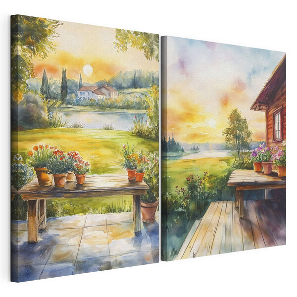 Pintura en acuarela de una casa y una mesa con flores Lámina modular sobre lienzo Pintura en acuarela de una casa y una mesa con flores