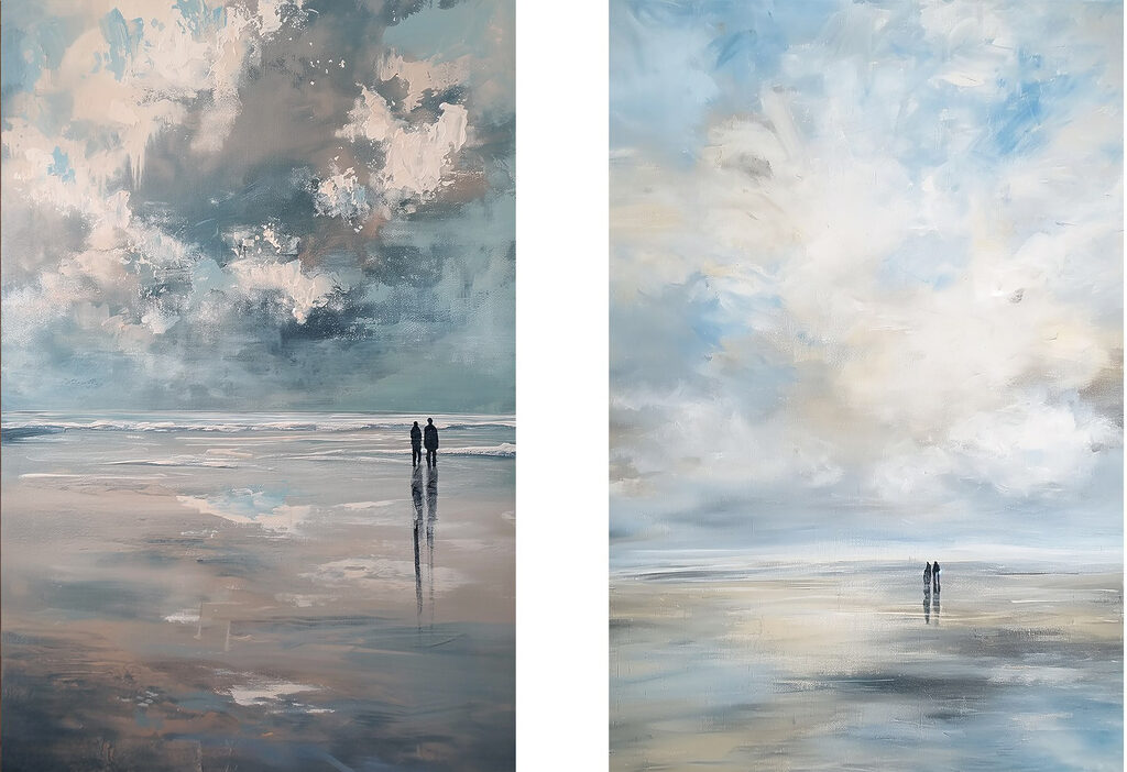 Painting of people walking on a beach