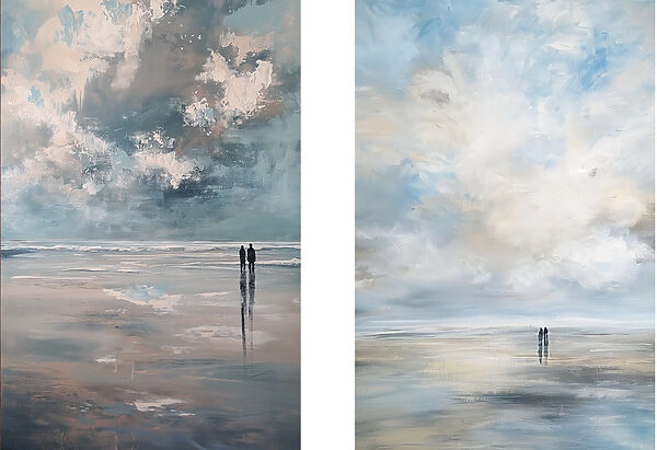 Painting of people walking on a beach