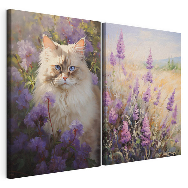 Gato en un campo de flores Lámina modular sobre lienzo Gato en un campo de flores