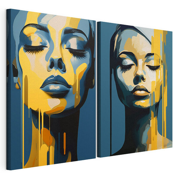 Lámina modular sobre lienzo Rostro de una mujer con pintura amarilla chorreándole por la cara