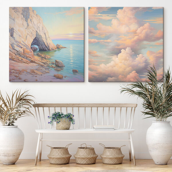 Painting of a beach and a rocky shore Painting of a beach and a rocky shore