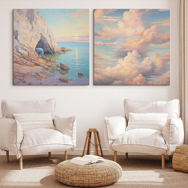 Painting of a beach and a rocky shore Painting of a beach and a rocky shore