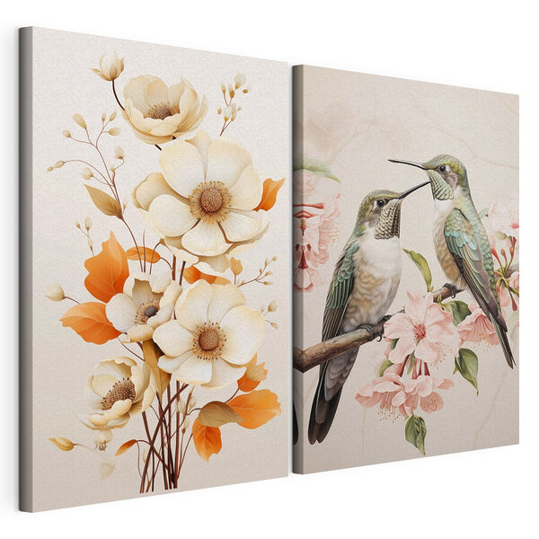 Dos pájaros en una rama con flores Lámina modular sobre lienzo Dos pájaros en una rama con flores