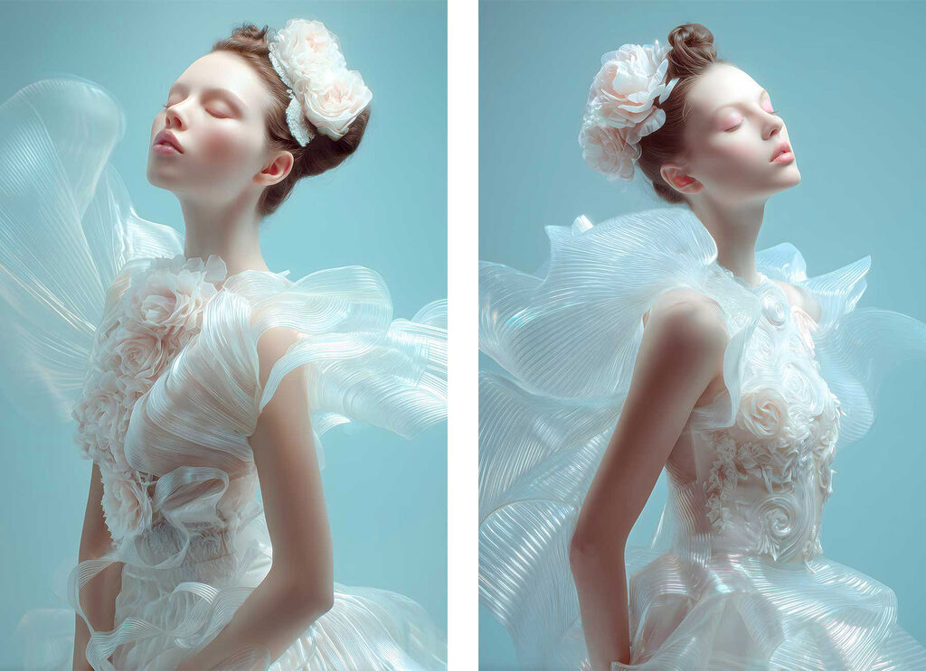 Collage of a woman in a white dress