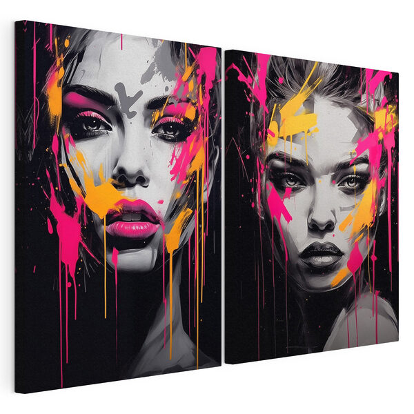 Collage del rostro de una mujer con salpicaduras de pintura Lámina modular sobre lienzo Collage del rostro de una mujer con salpicaduras de pintura