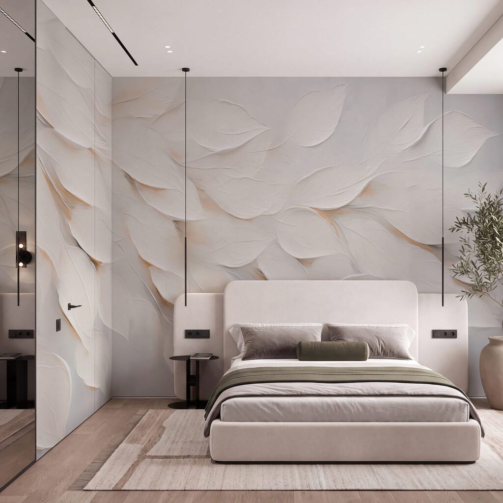 Pintura de una hoja blanca sobre una superficie blanca