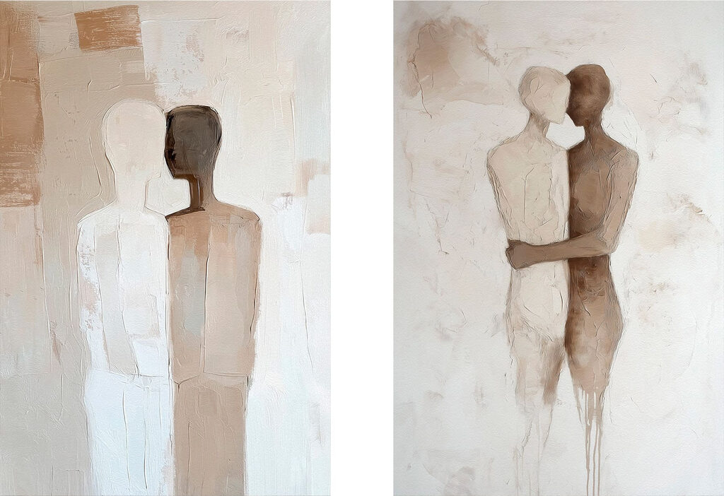 Two paintings of people hugging each other Two paintings of people hugging each other