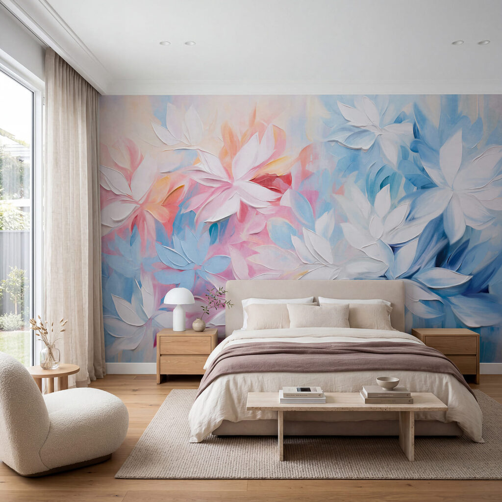 Cuadro de flores con hojas blancas y azules Cuadro de flores con hojas blancas y azules