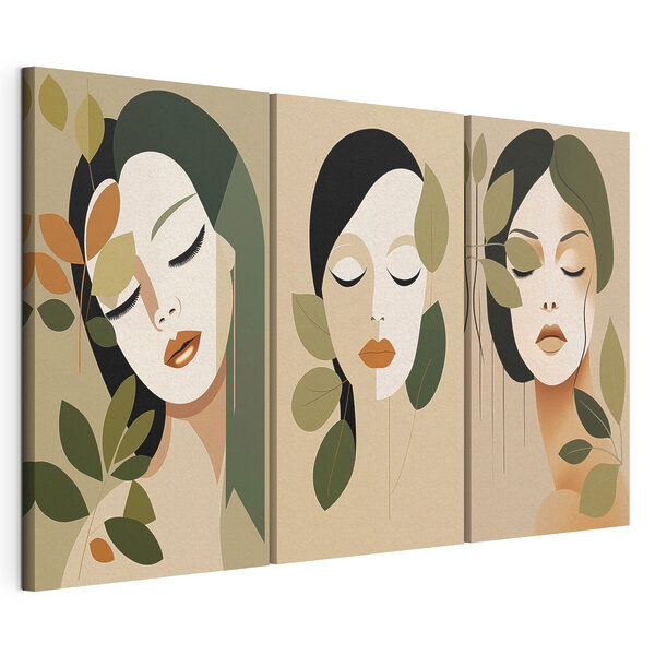Rostro de mujer con hojas Lámina modular sobre lienzo Rostro de mujer con hojas