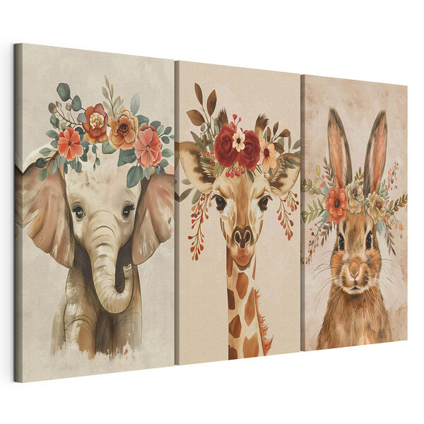 Collage de animales con flores en la cabeza Lámina modular sobre lienzo Collage de animales con flores en la cabeza
