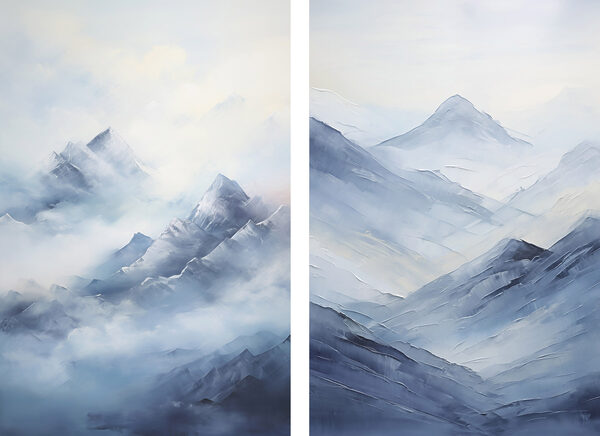 Painting of mountains in fog