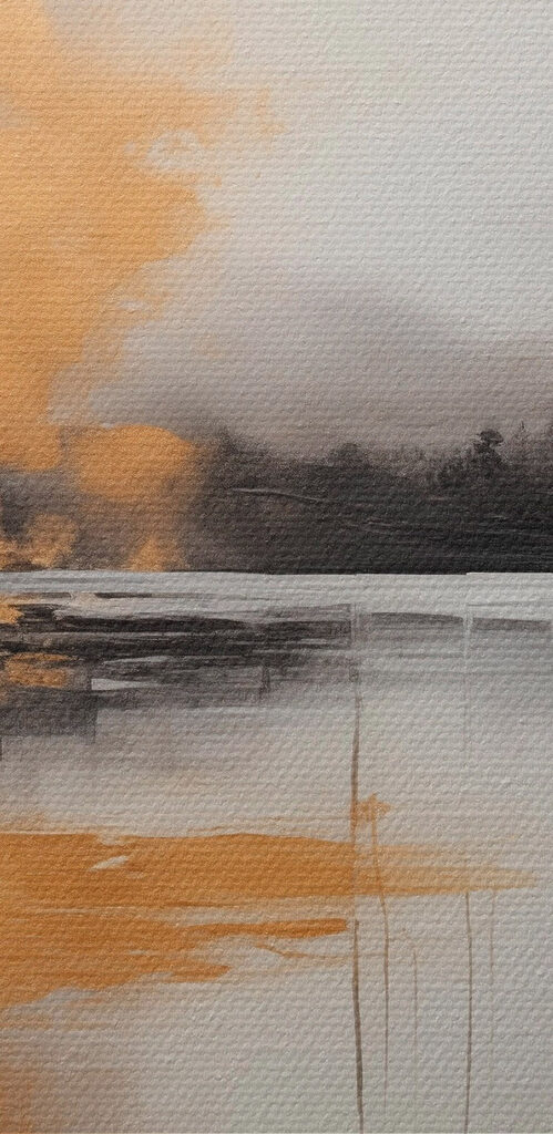 Painting of a lake and a foggy landscape Painting of a lake and a foggy landscape