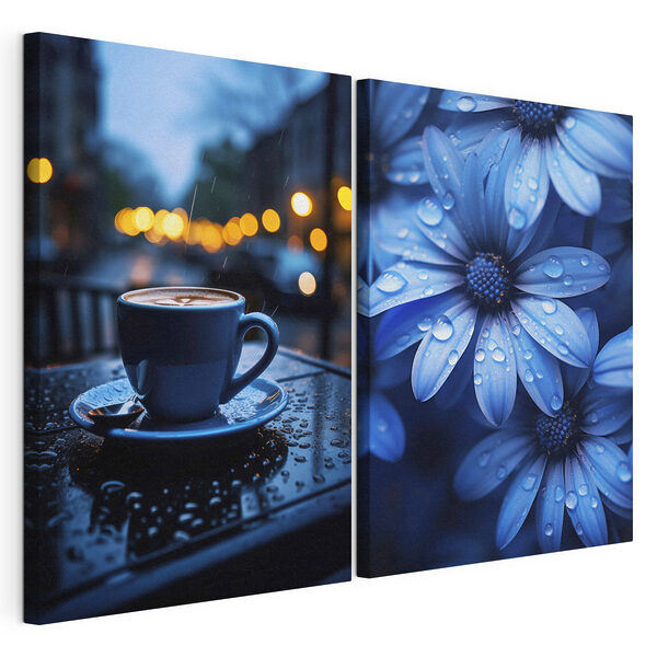 Una taza de café sobre una mesa con flores Lámina modular sobre lienzo Una taza de café sobre una mesa con flores