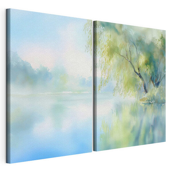Pintura en acuarela de un árbol y un lago Lámina modular sobre lienzo Pintura en acuarela de un árbol y un lago