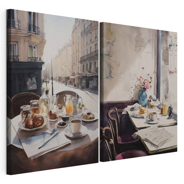 Pintura en acuarela de una mesa con comida y bebidas encima Lámina modular sobre lienzo Pintura en acuarela de una mesa con comida y bebidas encima