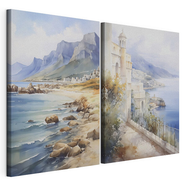Pintura en acuarela de una ciudad y una playa Lámina modular sobre lienzo Pintura en acuarela de una ciudad y una playa