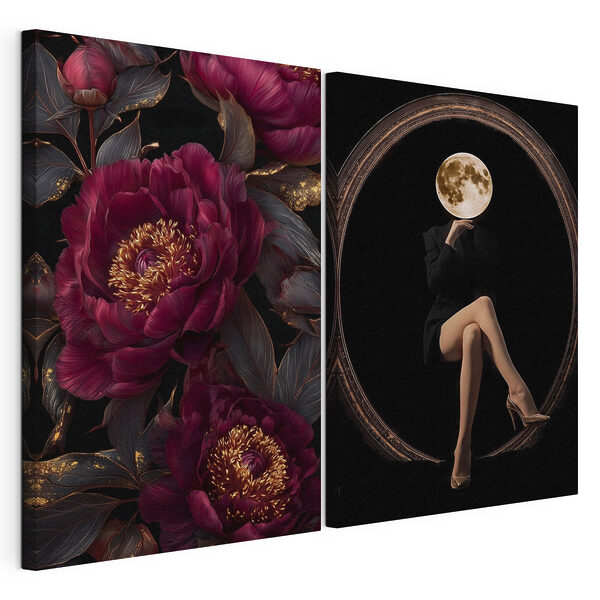 Collage de una mujer sentada sobre una flor Lámina modular sobre lienzo Collage de una mujer sentada sobre una flor