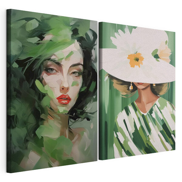 Lámina modular sobre lienzo Dos fotos de mujeres con hojas