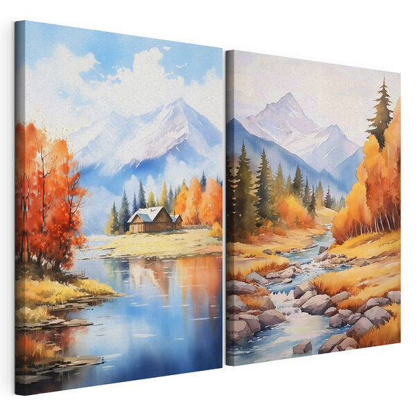 Pintura en acuarela de una casa y un río Lámina modular sobre lienzo Pintura en acuarela de una casa y un río