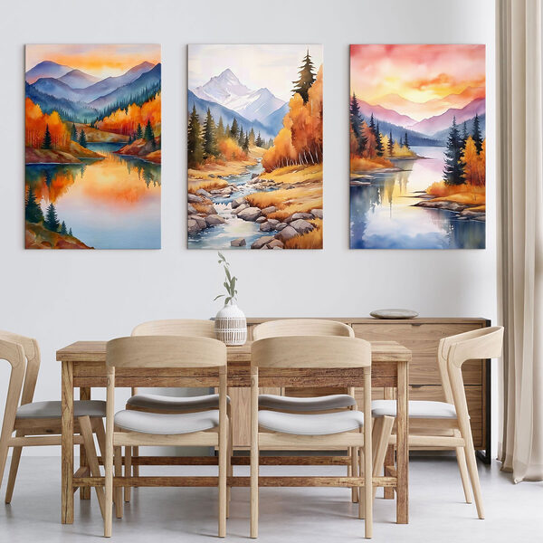 Group of paintings of a river and mountains Group of paintings of a river and mountains