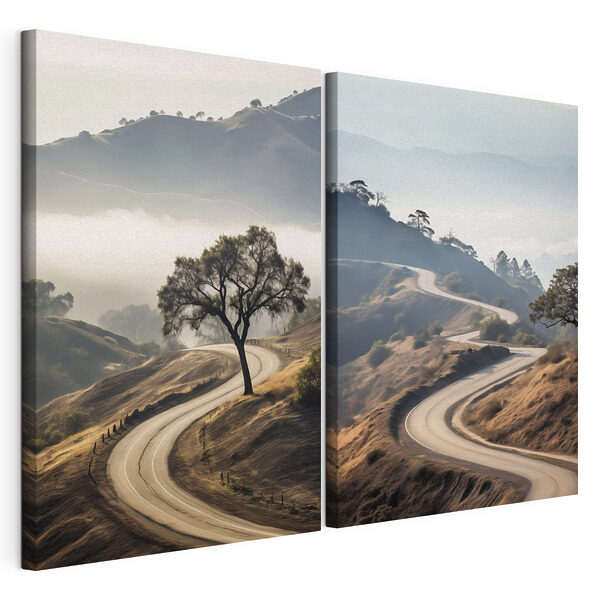 Carretera sinuosa con un árbol en medio Lámina modular sobre lienzo Carretera sinuosa con un árbol en medio