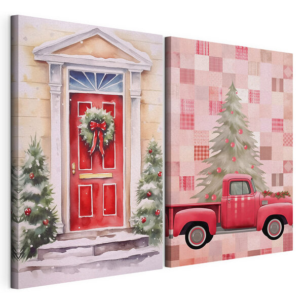 Red truck and a red door with a wreath and a red truck Red truck and a red door with a wreath and a red truck