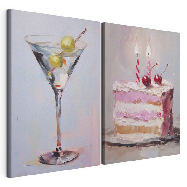 Lámina modular sobre lienzo Cuadro en el que aparecen una tarta y una copa de martini con fruta