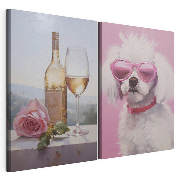 Cuadro en el que aparecen un perro y una copa de vino Lámina modular sobre lienzo Cuadro en el que aparecen un perro y una copa de vino