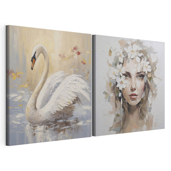 Lámina modular sobre lienzo Cuadro de una mujer con flores en el pelo y un cisne