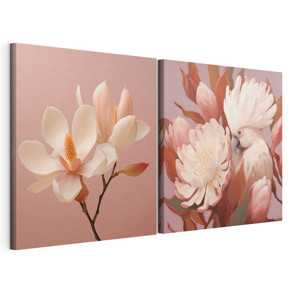 Lámina modular sobre lienzo Delicadas flores y un pájaro encantador