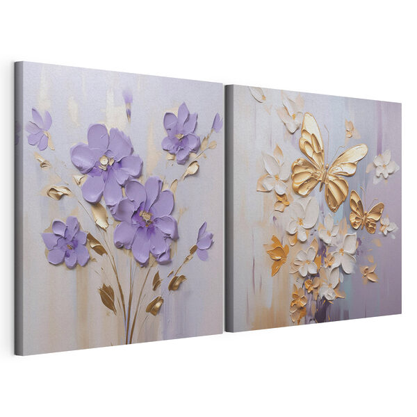 Cuadro de flores y mariposas Lámina modular sobre lienzo Cuadro de flores y mariposas