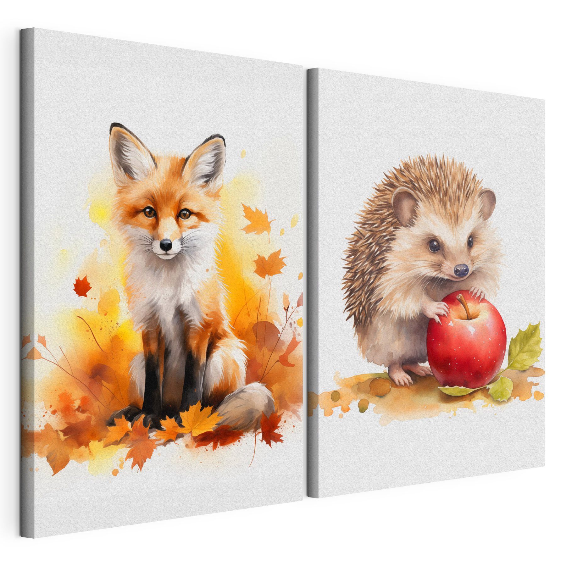 Fox and hedgehog holding an apple