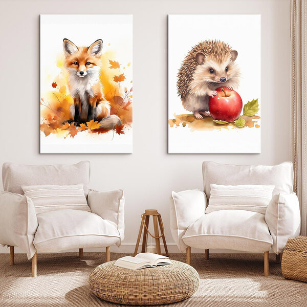 Fox and hedgehog holding an apple