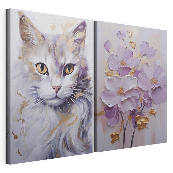 Un cuadro de un gato y un cuadro de flores Lámina modular sobre lienzo Un cuadro de un gato y un cuadro de flores