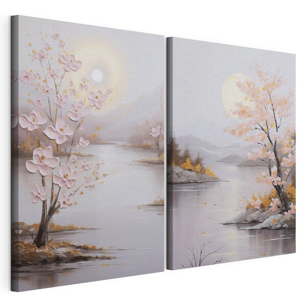 Cuadro de un río y un árbol con flores rosas Lámina modular sobre lienzo Cuadro de un río y un árbol con flores rosas