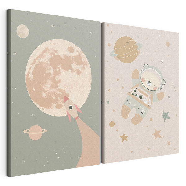 Dos pósters de un oso y un cohete en el espacio Lámina modular sobre lienzo Dos pósters de un oso y un cohete en el espacio
