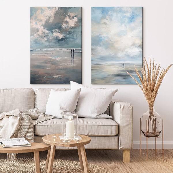 Painting of people walking on a beach