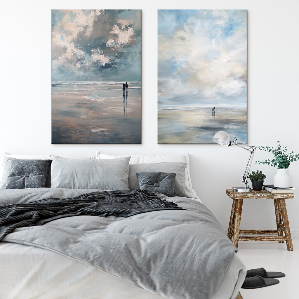Painting of people walking on a beach