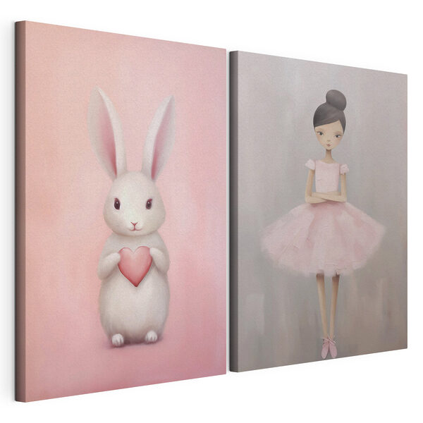 Dos cuadros en los que aparecen una niña y un conejo Lámina modular sobre lienzo Dos cuadros en los que aparecen una niña y un conejo