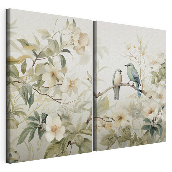 Dos pájaros en una rama con flores Lámina modular sobre lienzo Dos pájaros en una rama con flores